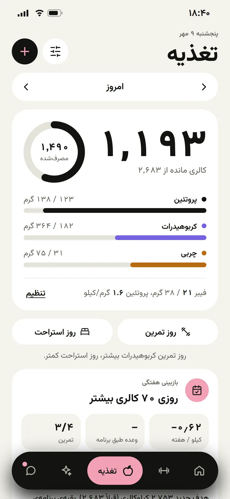 بخش تغذیه: ۱٬۱۹۳ کالری مانده از ۲٬۶۸۳، پروتئین، کربوهیدرات و چربی، و بازبینی هفتگی.